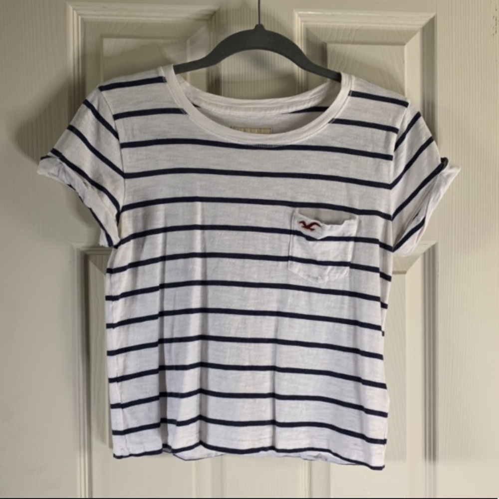 Hollister White and Navy Blue Striped Crop Top